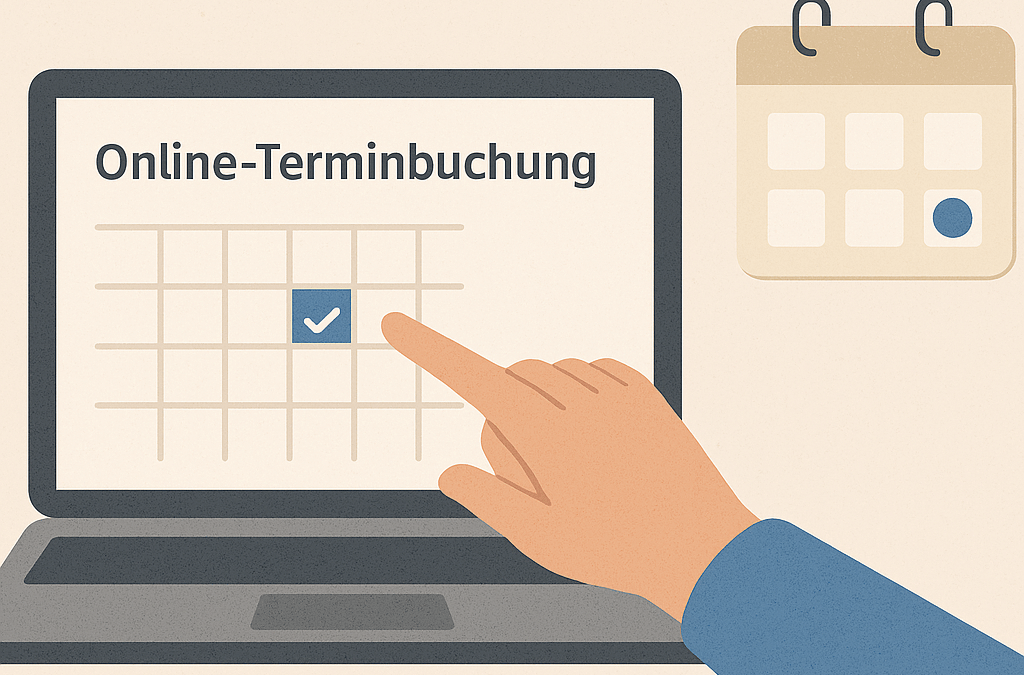 Illustration im Flat-Design-Stil: Eine Person sitzt mit einem Laptop auf dem Schoß zu Hause auf einem Sofa und bucht online einen Arzttermin. Im Hintergrund sind Uhrsymbole und ein Kalender zu sehen, die auf die Terminplanung hinweisen. Die Farben sind in Blau- und Grautönen gehalten.