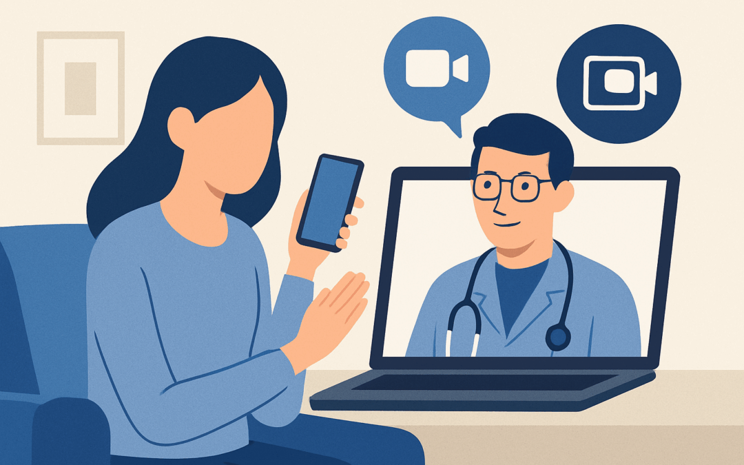 Eine digitale Illustration im flachen Designstil zeigt eine Person, die über ein mobiles Gerät an einer Videosprechstunde teilnimmt. Auf dem Bildschirm ist ein Arzt mit Stethoskop zu sehen. Die Szene vermittelt moderne, ortsunabhängige medizinische Beratung. Im Hintergrund sind stilisierte Symbole für WLAN, Gesundheit und Kommunikation zu erkennen.